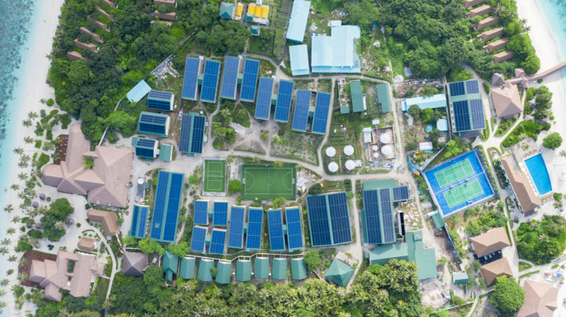 An overview of a large Swimsol rooftop PV system at an Reethi island resort in the Maldives
