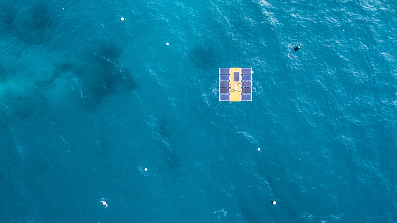 Offshore floating solar energy platform prototype floating at sea
