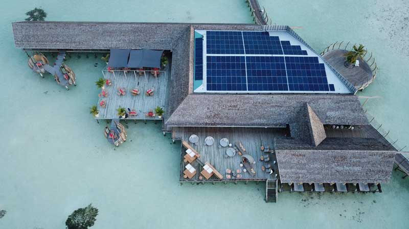 Overview of a rooftop solar pv system at a luxury resort restaurant in the Maldives