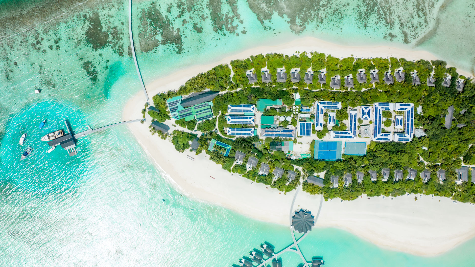 Aerial view of a large Rooftop solar PV system by Swimsol at Movenpick Maldives