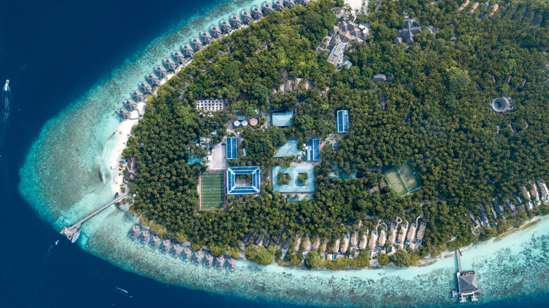 An aerial overview of a Solar PV system at Dusit Thani Maldives