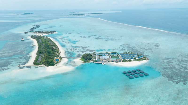 Floating offshore solar panel array at Ozen resort Maldives