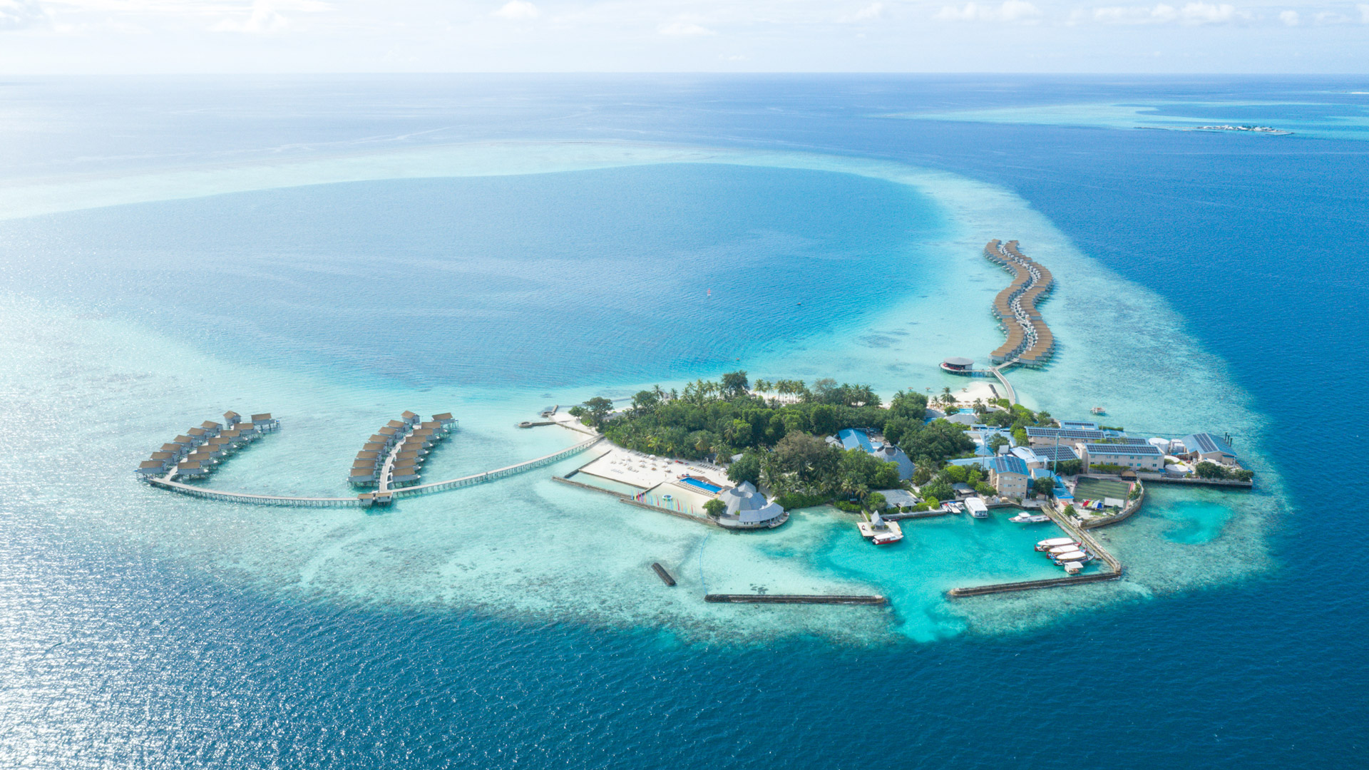 Aerial of a Swimsol rooftop PV system at Centara Ras Fushi island resort in the Maldives