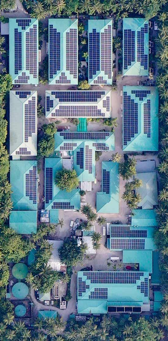 An overview of a beautiful large scale rooftop solar PV installation Resort in the Maldives