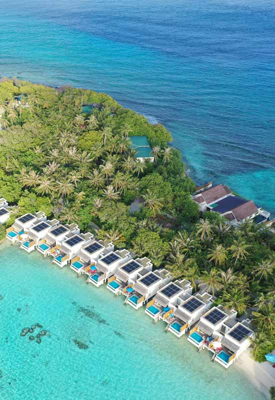 Beautiful solar power installation on water villas at OBLU resort in the Maldives