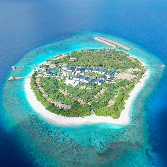 Aerial overview of a large-scale solar PV system by at Reethi Faru Resort