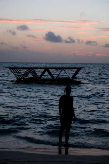 Swimsol staff on the beach watching a solarsea platform in the water