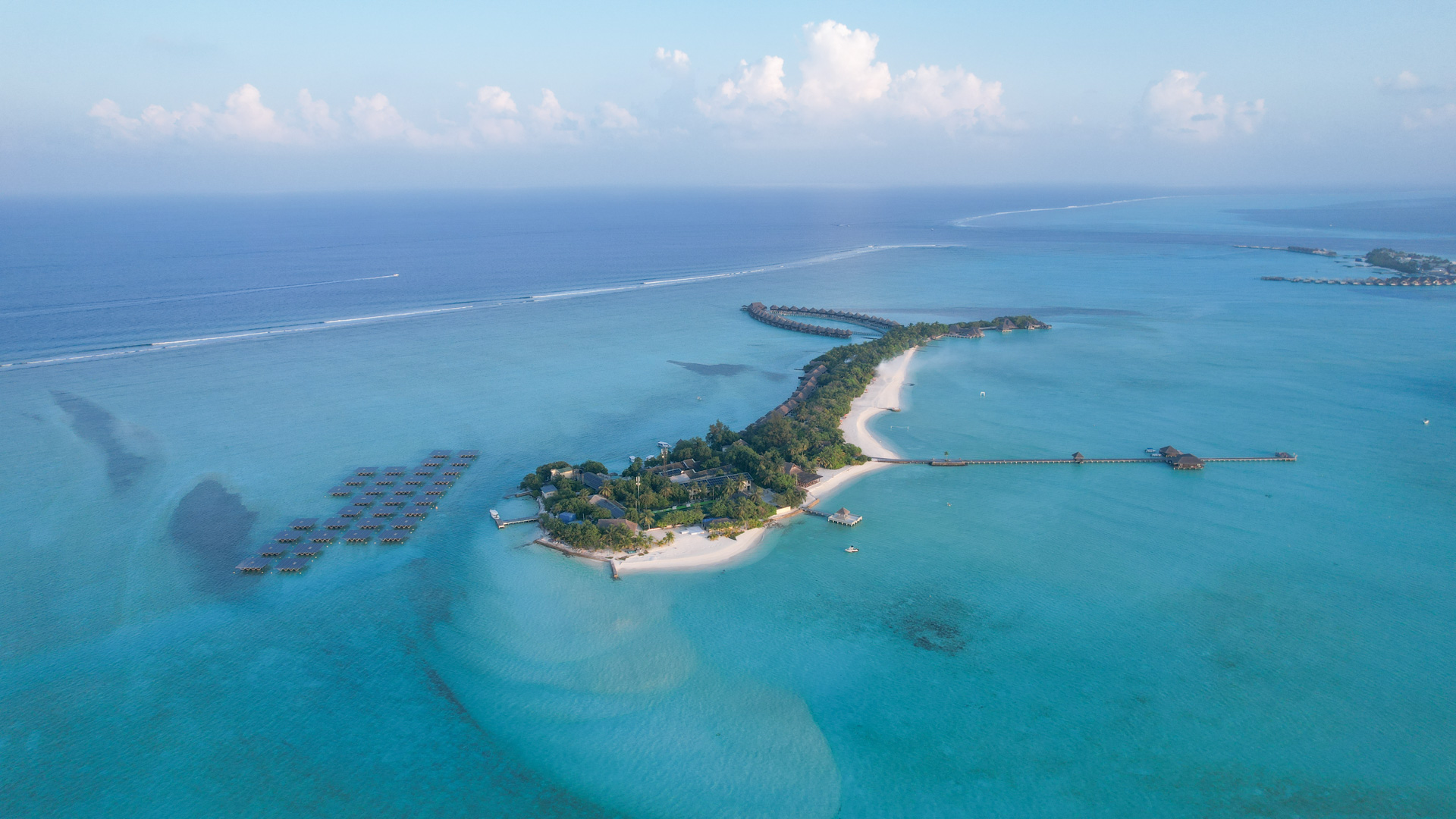 Aerial overview of a Swimsol SolarSea marine FPV installation at Taj Exotica Maldives