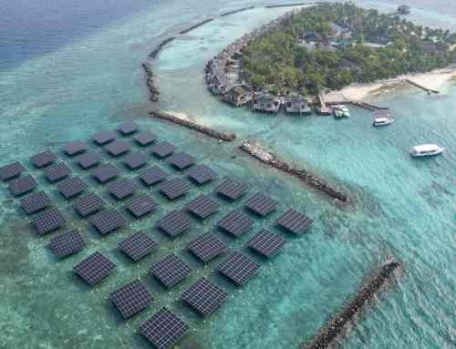 Floating solar panel array at sea, TAJ Coral Reef, Maldives